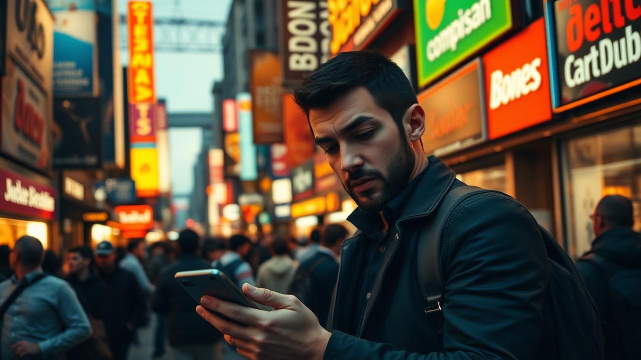 Person overwhelmed by competing brand messages in a busy marketplace