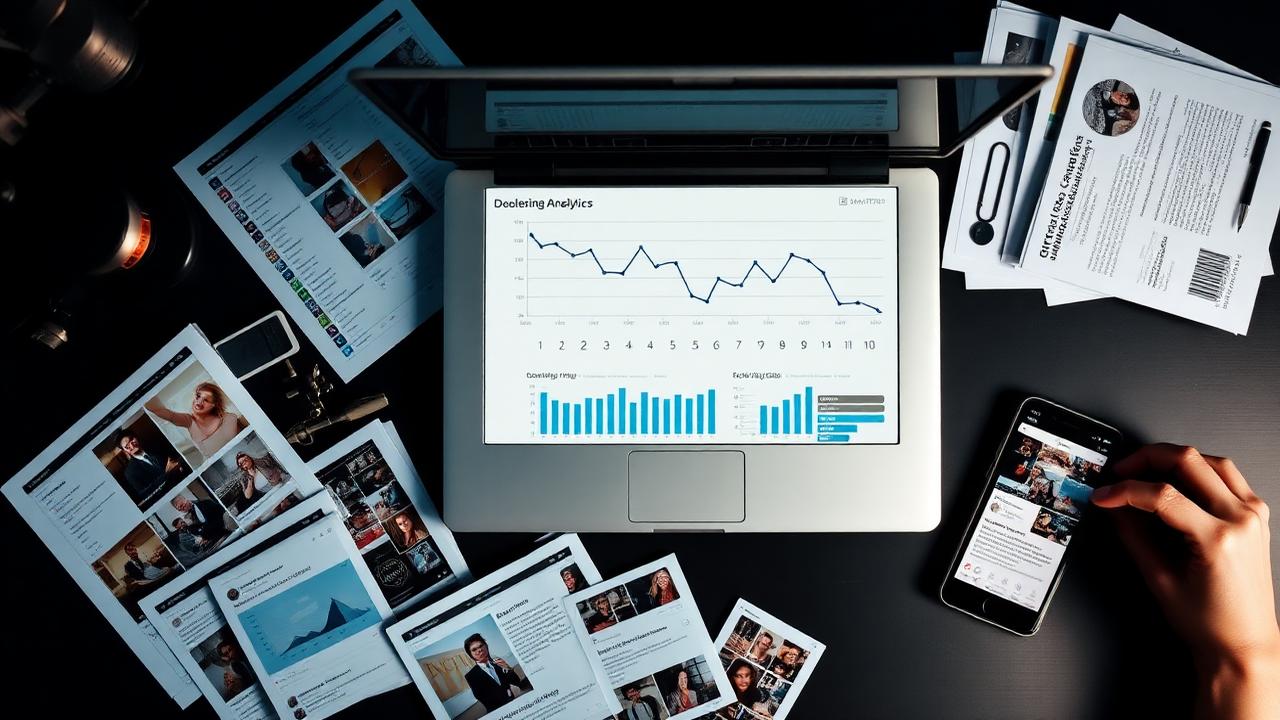 Laptop showing declining analytics alongside scattered social media content