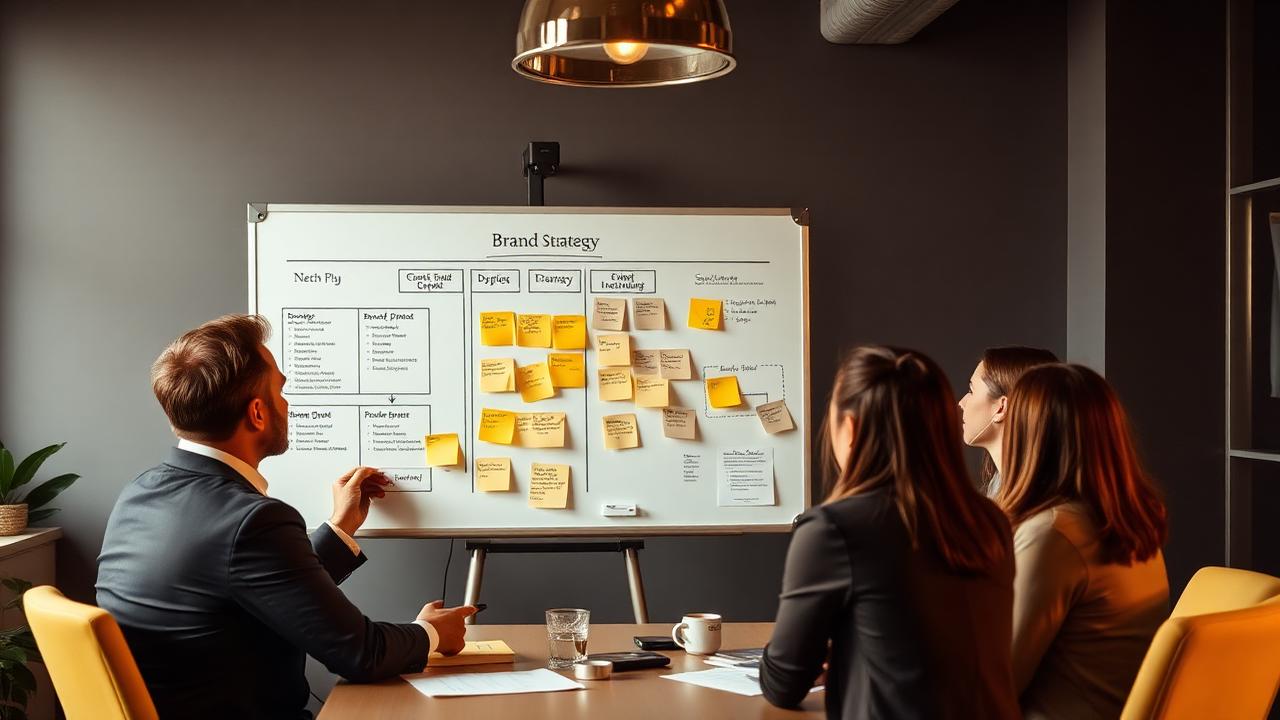 Team collaborating on a brand strategy framework with sticky notes and whiteboard