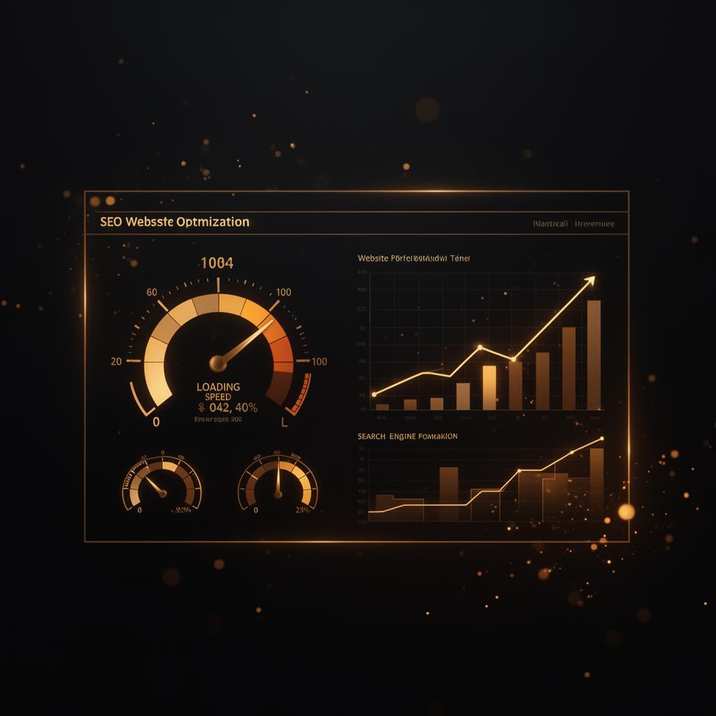 SEO and website performance optimization dashboard showing speed metrics and search rankings
